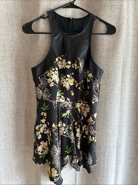 P J K Floral Black Fit-and-Flare Top with Faux Leather Yoke